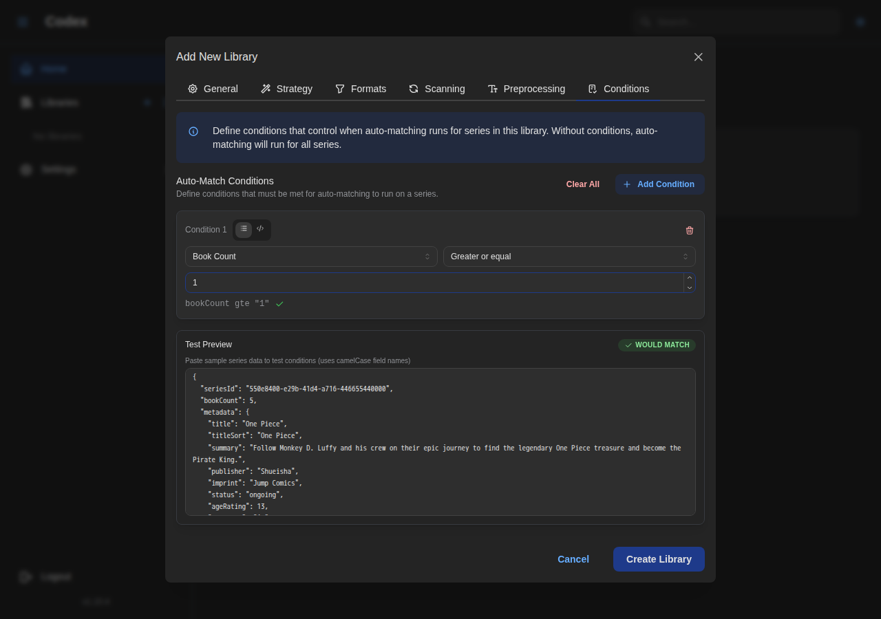 Add Library - Conditions Settings